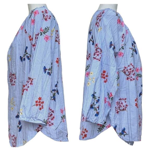 Tribal Jeans Floral Print Blue White Striped Round Split Neck Blouse Top Size L - Picture 4 of 11